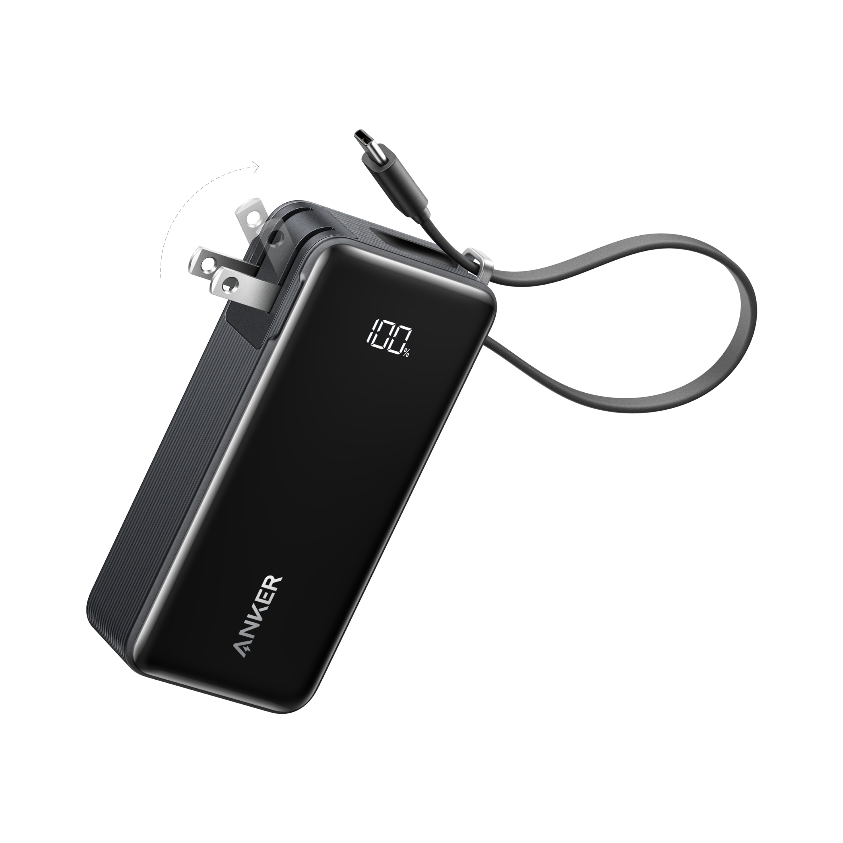 Anker Power Bank 10K Fusion showing built-in USB-C cable and foldable AC wall plug