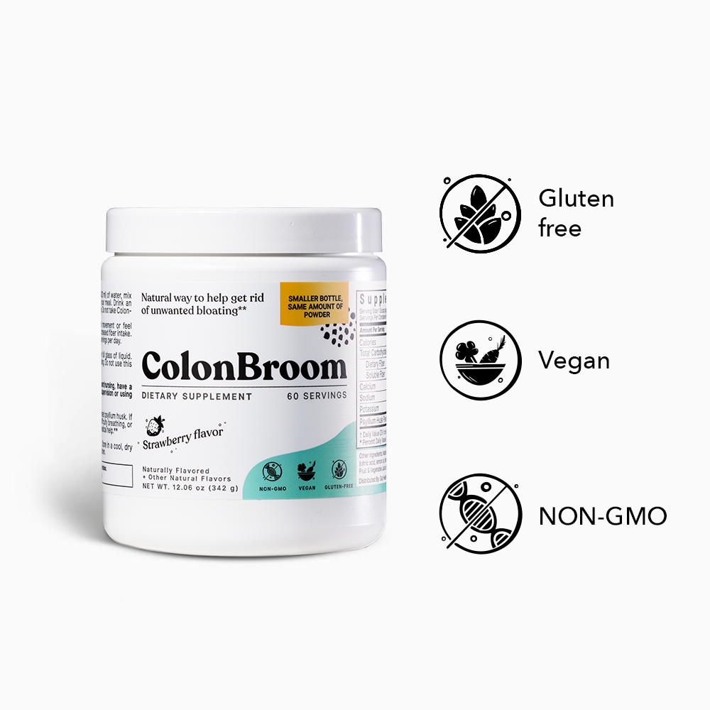 ColonBroom psyllium husk fiber powder, strawberry flavor, 60-serving tub