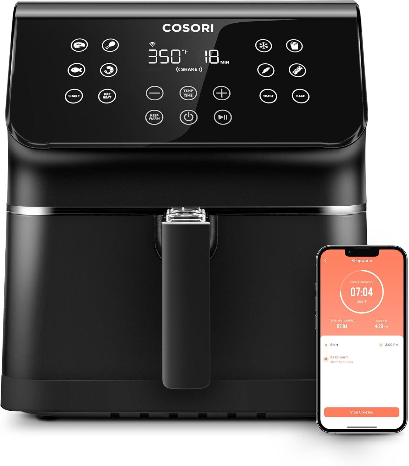 COSORI Air Fryer Pro Smart 5.8QT, front view of the touchscreen control panel, shown with the VeSync app on a phone