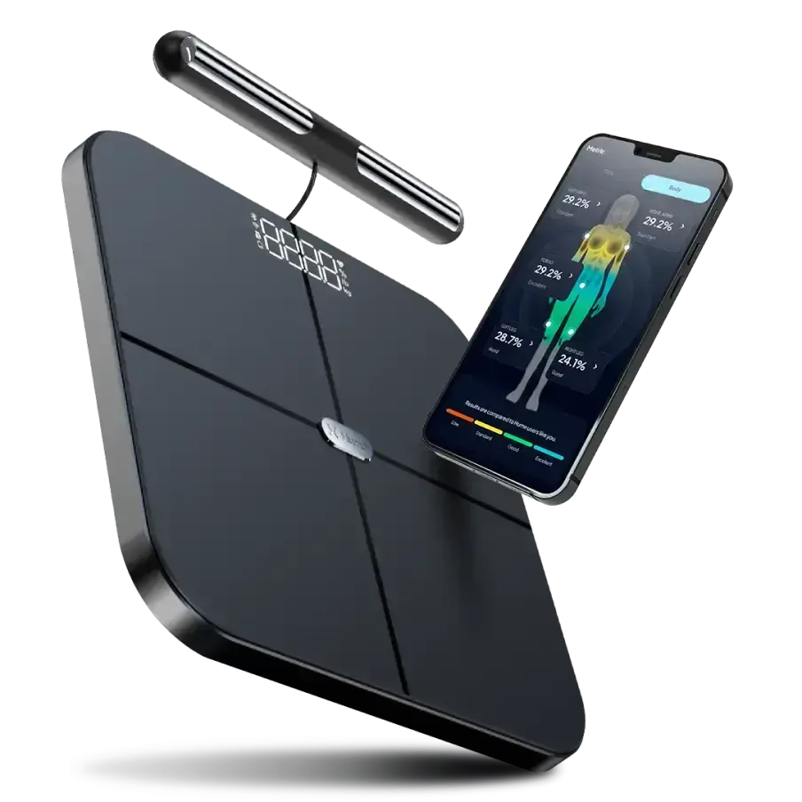 Hume Body Pod handheld body-composition scanner with scale base and phone app