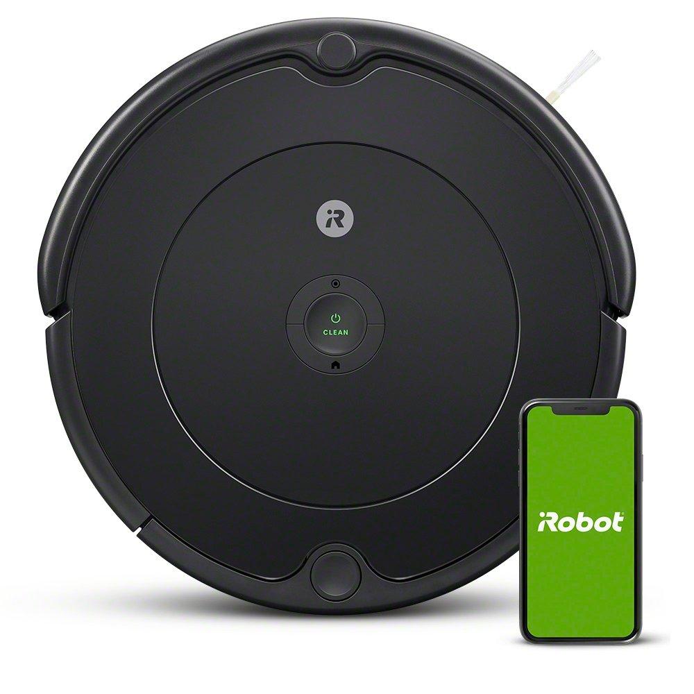 iRobot Roomba 692 robot vacuum, top view, shown with the iRobot Home app on a phone