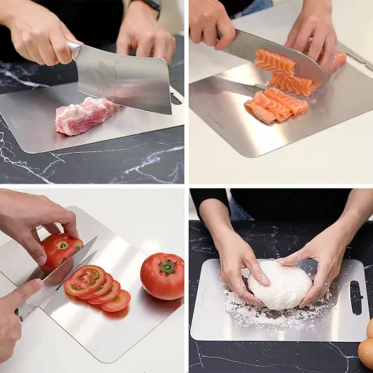 Katori titanium cutting board shown in use, slicing meat, salmon, and tomatoes, and shaping dough on the reflective metal surface