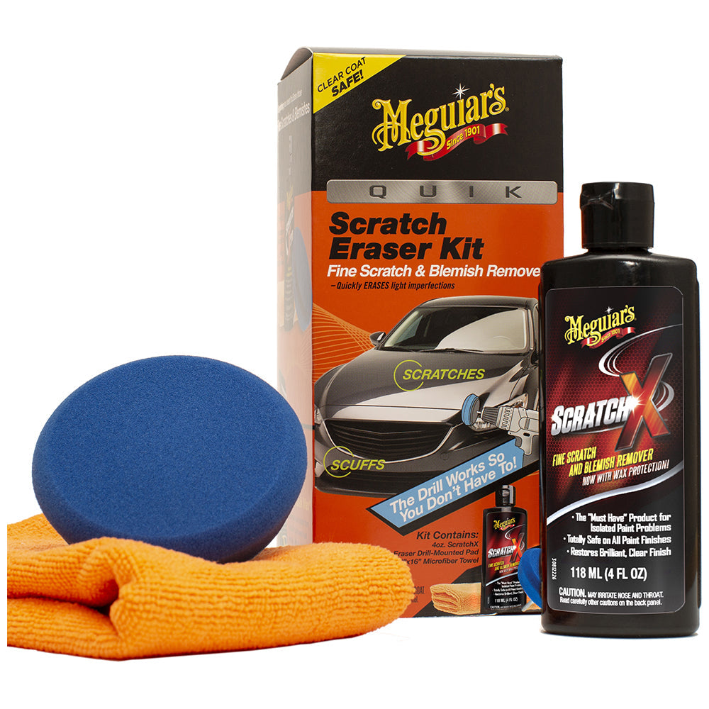 Meguiar's Quik Scratch Eraser Kit box with ScratchX bottle, blue foam drill-mounted pad, and orange microfiber towel
