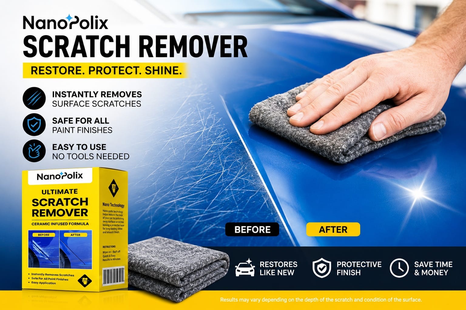 NanoPolix nano-particle scratch-removal cloth, shown with its retail box and a before/after demonstration on a car door panel