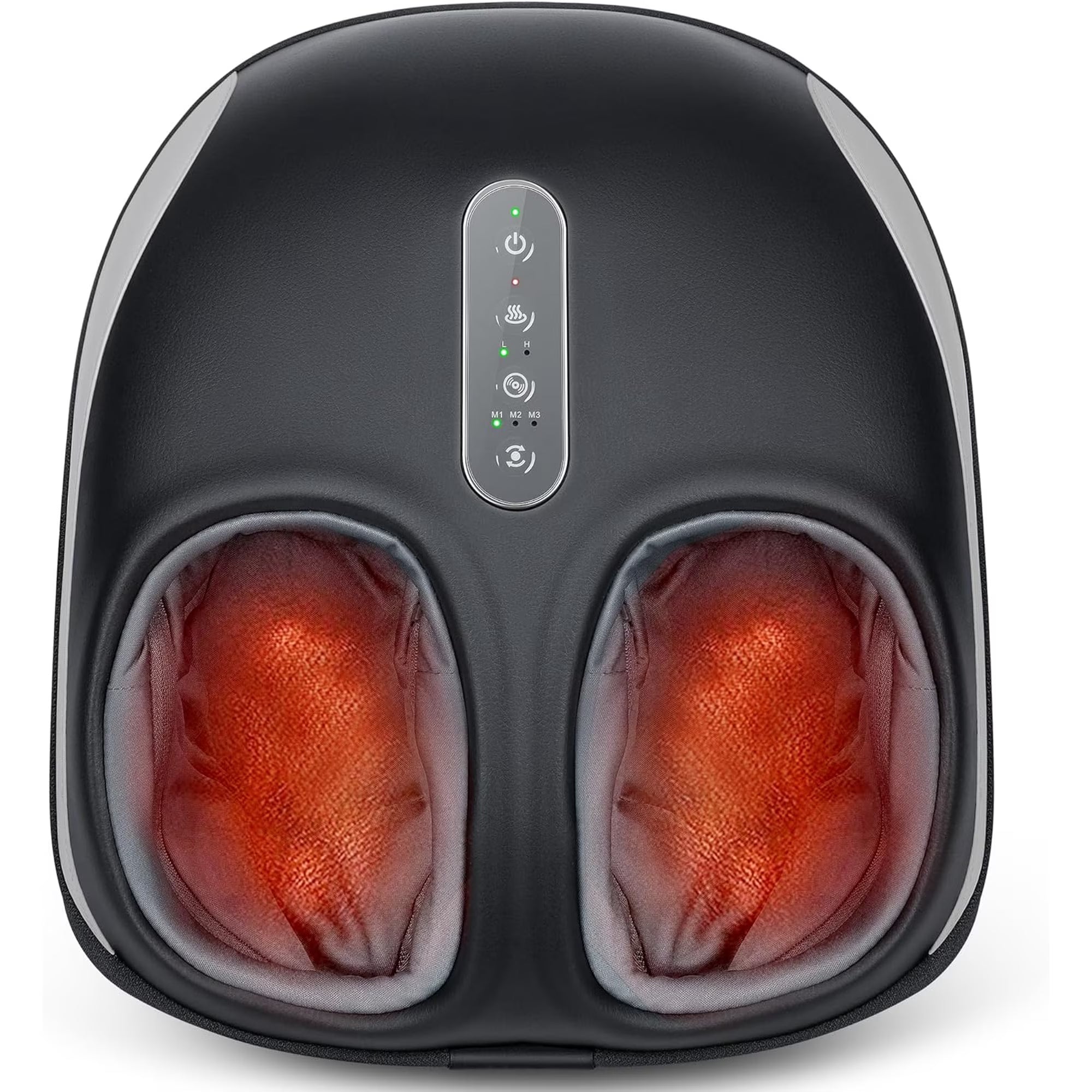 Nekteck Shiatsu Foot Massager with Heat, an enclosed boot-style unit showing the heat glow inside both foot compartments and the control panel