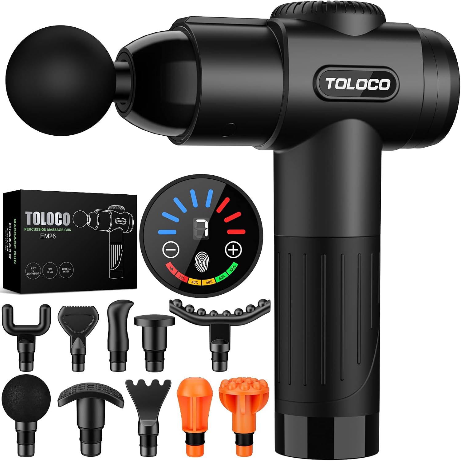 TOLOCO EM26 percussion massage gun with 10 interchangeable heads and carrying case